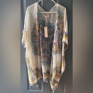 Woven Heart Womens Multicolor Floral Coverup Open Front Tasseled Shawl One Size